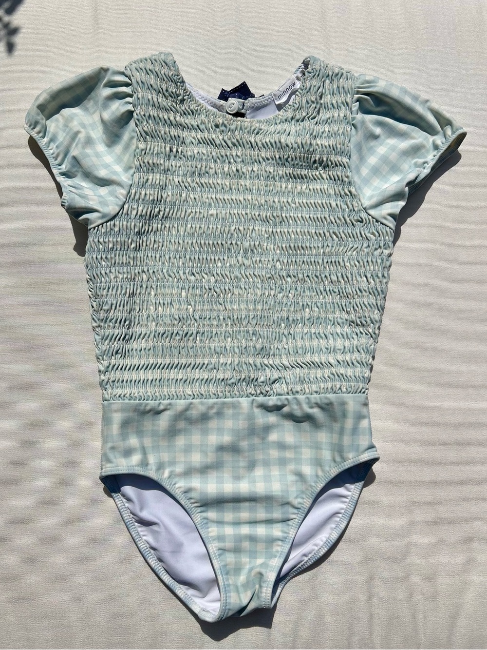 Minnow 7/8 Girls' Light Blue Gingham One-Piece Swimsuit with Smock Bodice